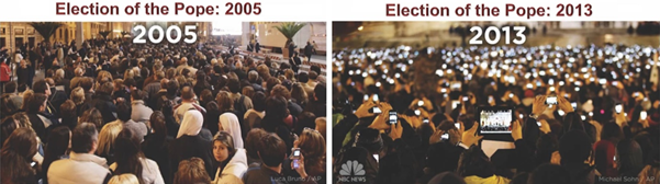 People attending the Pope election. In 2005 almost no one used phones, but un 2013 most people were taking pictures with their smartphones